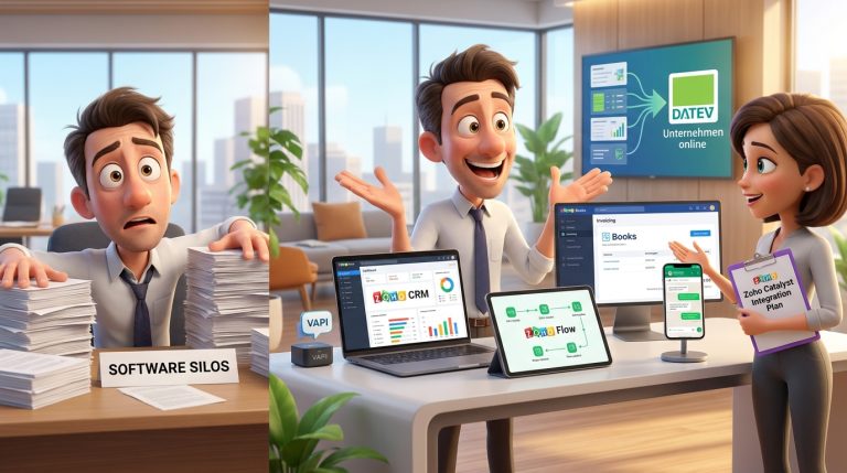 Mehr über den Artikel erfahren Zoho CRM, Books und Desk Integration: Automatisierte DATEV-Übergabe, WhatsApp-Tickets und KI-Anrufe