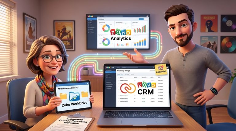 Mehr über den Artikel erfahren Vollautomatisierte Quartalsabrechnung mit Zoho CRM, WorkDrive und Deluge: Schritt-für-Schritt Integration