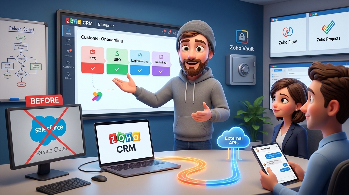Du betrachtest gerade Zoho CRM, Zoho Desk und Deluge: Automatisierung und Migration für KYC-Onboarding und Support-Prozesse