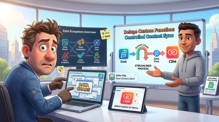 Mehr über den Artikel erfahren Zoho CRM als Single Source of Truth: Deluge Custom Function zur sauberen Kontaktsynchronisation zwischen Zoho Desk und CRM