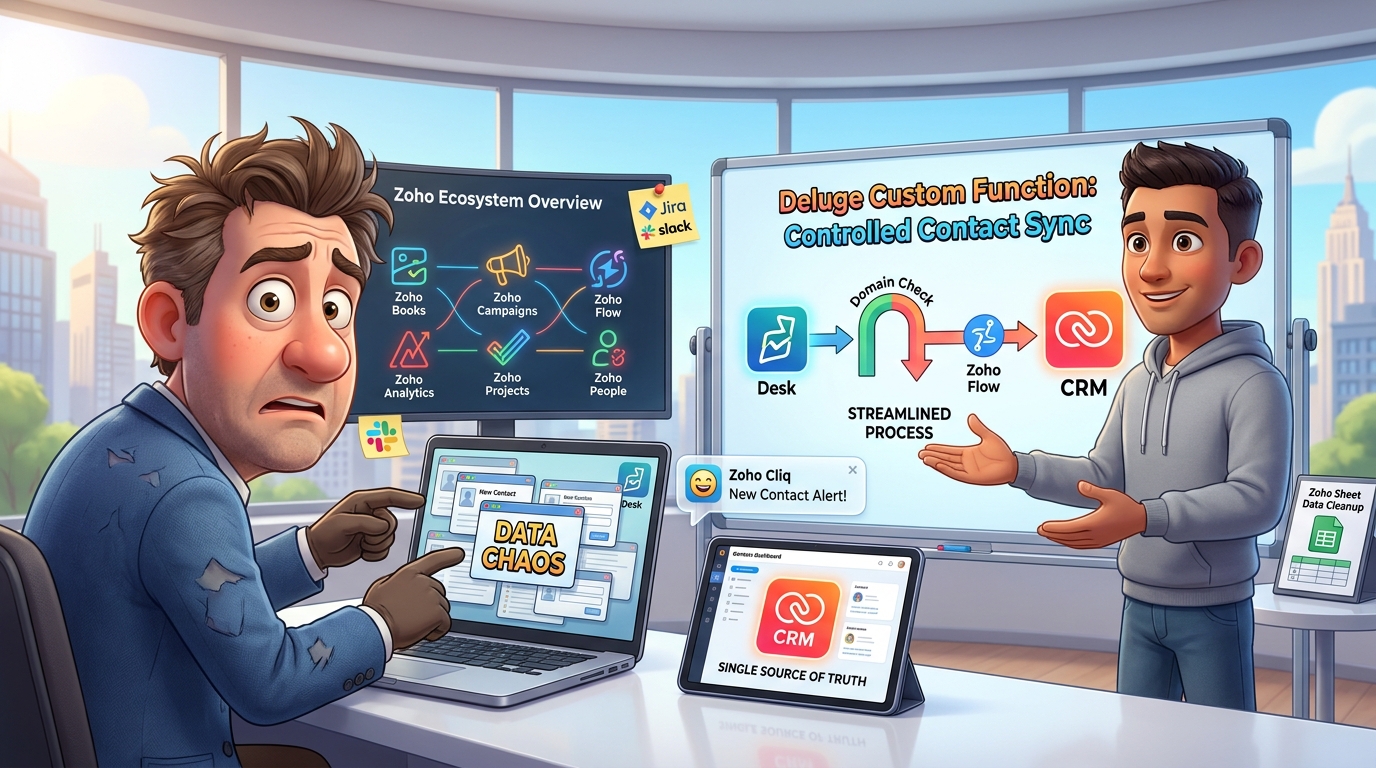 Du betrachtest gerade Zoho CRM als Single Source of Truth: Deluge Custom Function zur sauberen Kontaktsynchronisation zwischen Zoho Desk und CRM