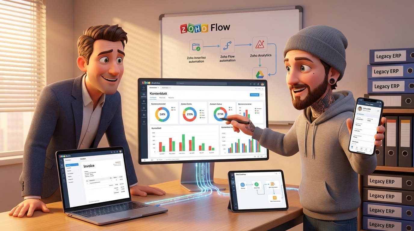 Du betrachtest gerade Zoho Books, Analytics, DataPrep und Flow: Migration von ERP-Finanzdaten, Reporting und E-Mail-Prozessen