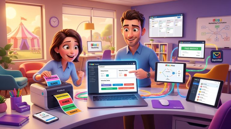 Mehr über den Artikel erfahren Zweistufiger Etikettendruck mit Zoho Creator und PrintNode API für Events