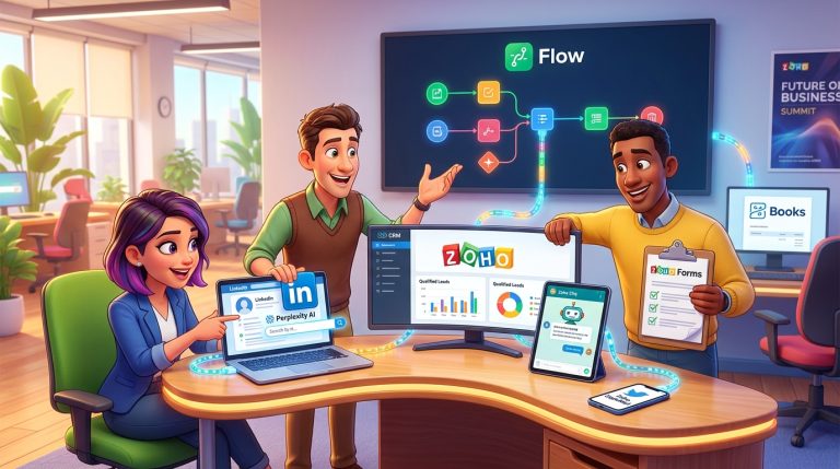Mehr über den Artikel erfahren Zoho CRM, Zoho Cliq und Zoho Flow Integration für LinkedIn-Lead-Workflows