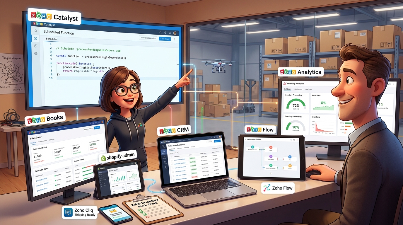 You are currently viewing Zoho Books, Zoho Catalyst und Zoho Cliq: Asynchrone Lagerbestandsprüfung automatisieren