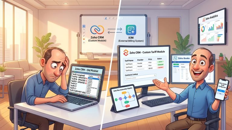 Mehr über den Artikel erfahren Zoho CRM Custom Modul, Deluge API und Webhook für Tarif-Management-Migration lernen
