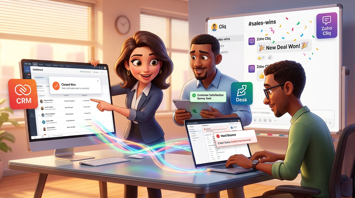 Du betrachtest gerade Zoho CRM, Desk und Cliq mit Deluge-Workflows für Team- und Kundensignale integrieren: Praxistutorial