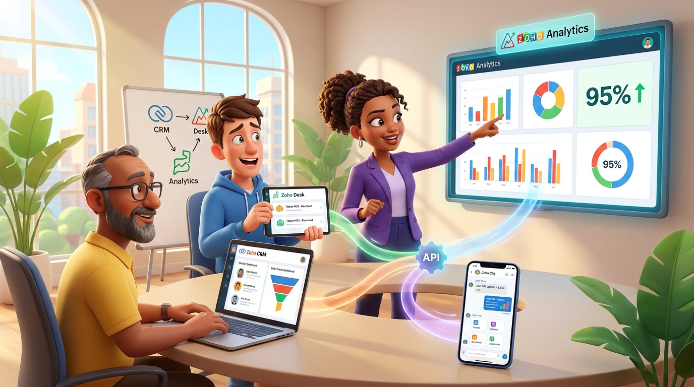 Du betrachtest gerade Zoho CRM, Desk und Analytics Integration: Tutorial zur Automatisierung von Kontaktzuordnung, KPI-Reporting und Workflows