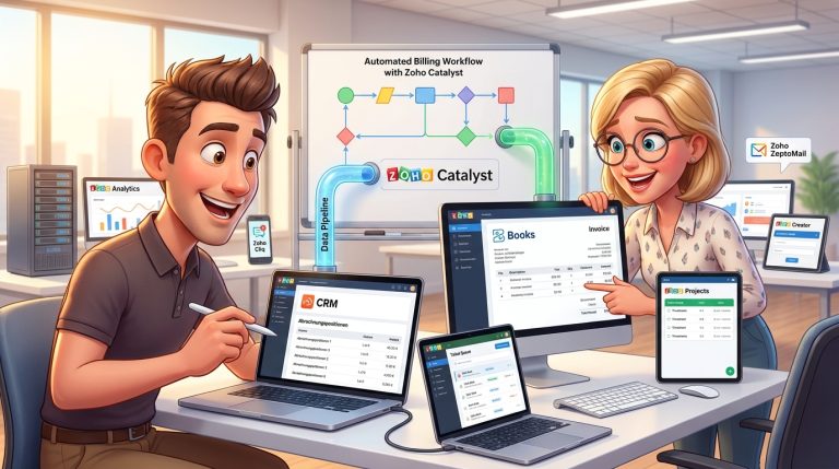 Mehr über den Artikel erfahren Automatisierte Rechnungsstellung mit Zoho Projects, Desk, Books und Catalyst: Integration und Workflow Tutorial