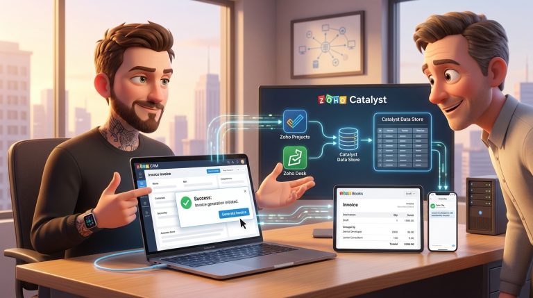 Mehr über den Artikel erfahren Zoho CRM, Catalyst und Books: Asynchrone Abrechnungsprozesse automatisieren