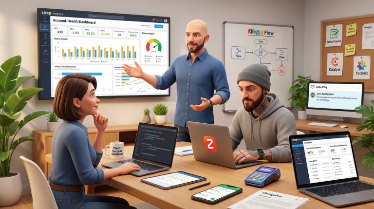 Mehr über den Artikel erfahren Zoho CRM, Zoho Analytics und Deluge: Account-Health-Dashboard Tutorial